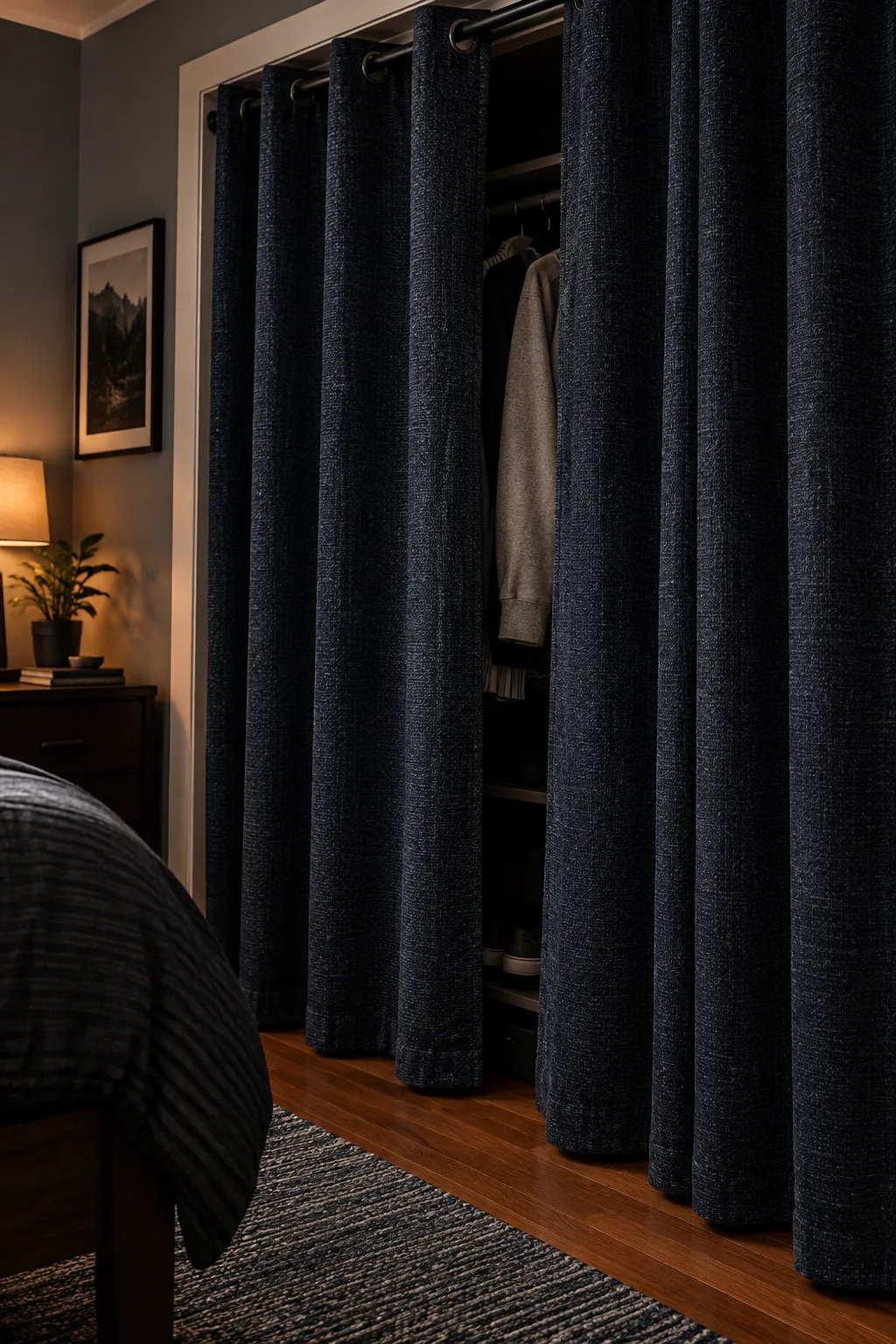 A bedroom closet with dark navy blackout curtains pulled open instead of traditional doors.
