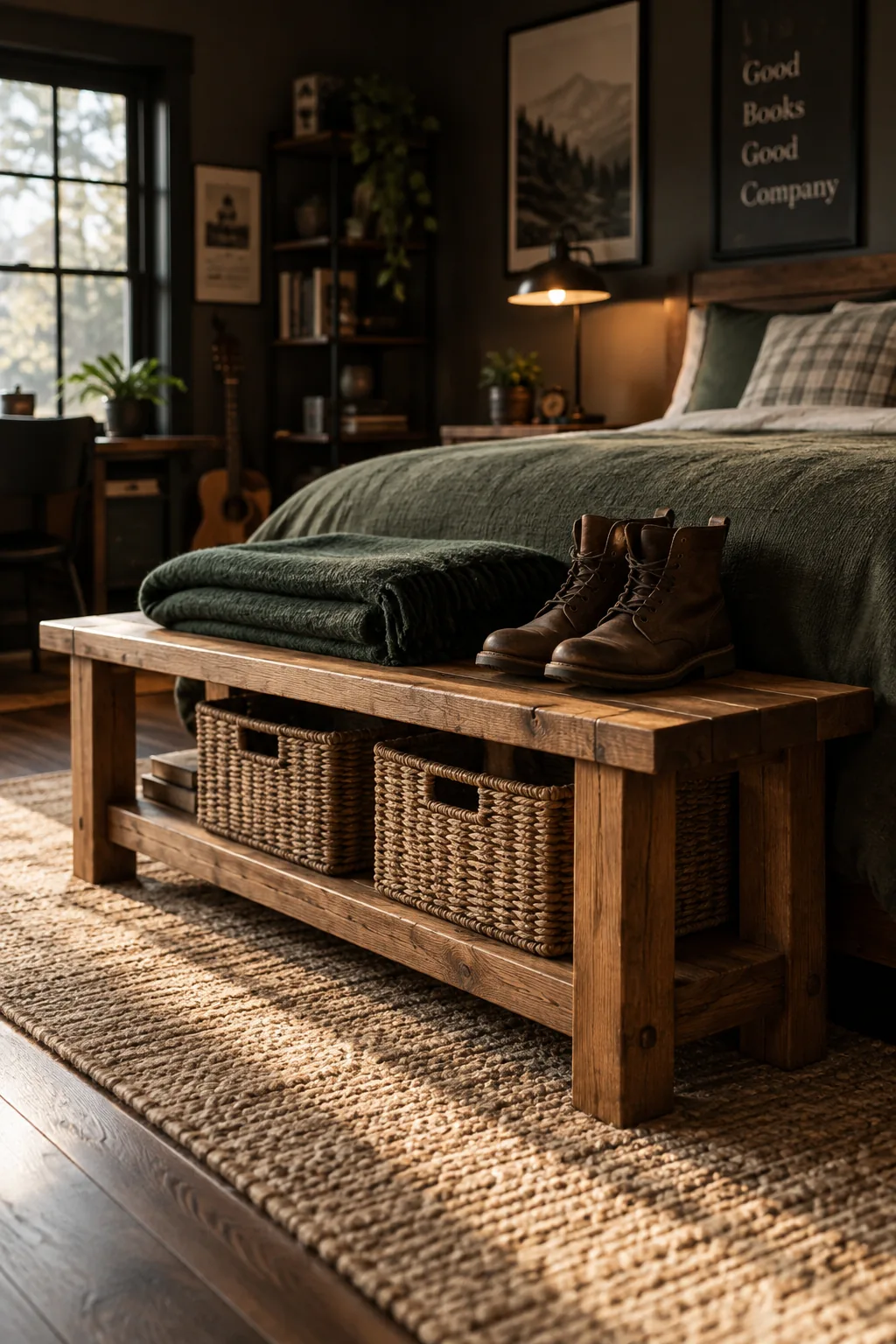 A rustic wooden bench sitting at the foot of a bed with two wire storage baskets underneath.