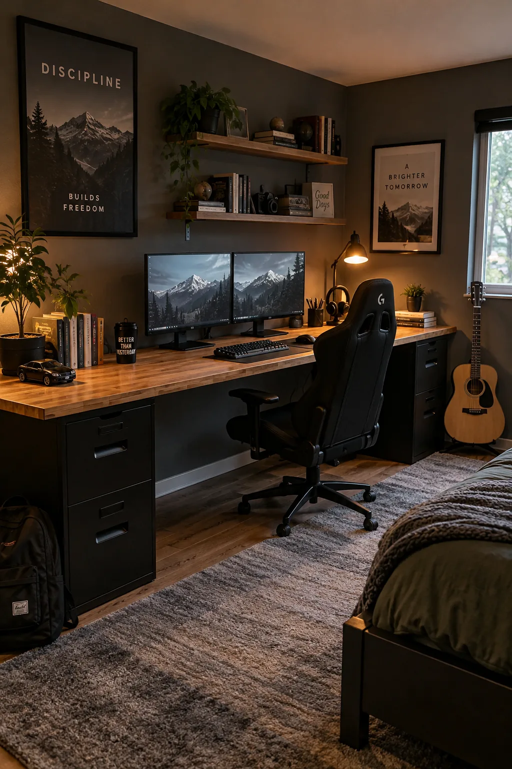 A long wooden butcher block desk resting on two black filing cabinets with dual computer monitors on top.