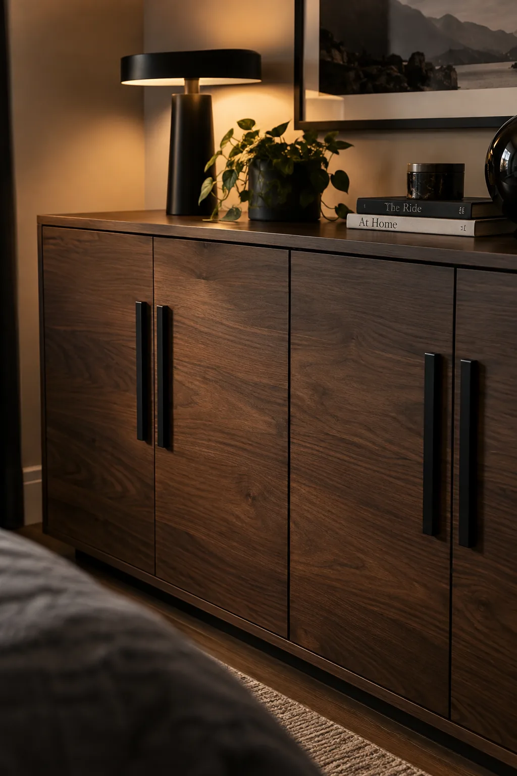 Sleek matte black storage cabinets in a modern bedroom keeping clutter out of sight.
