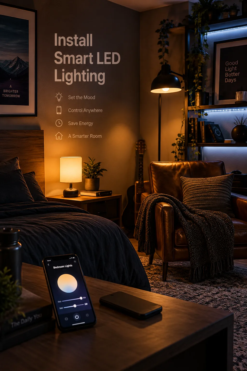 A bedroom illuminated by warm amber smart LED lighting controlled via a smartphone.