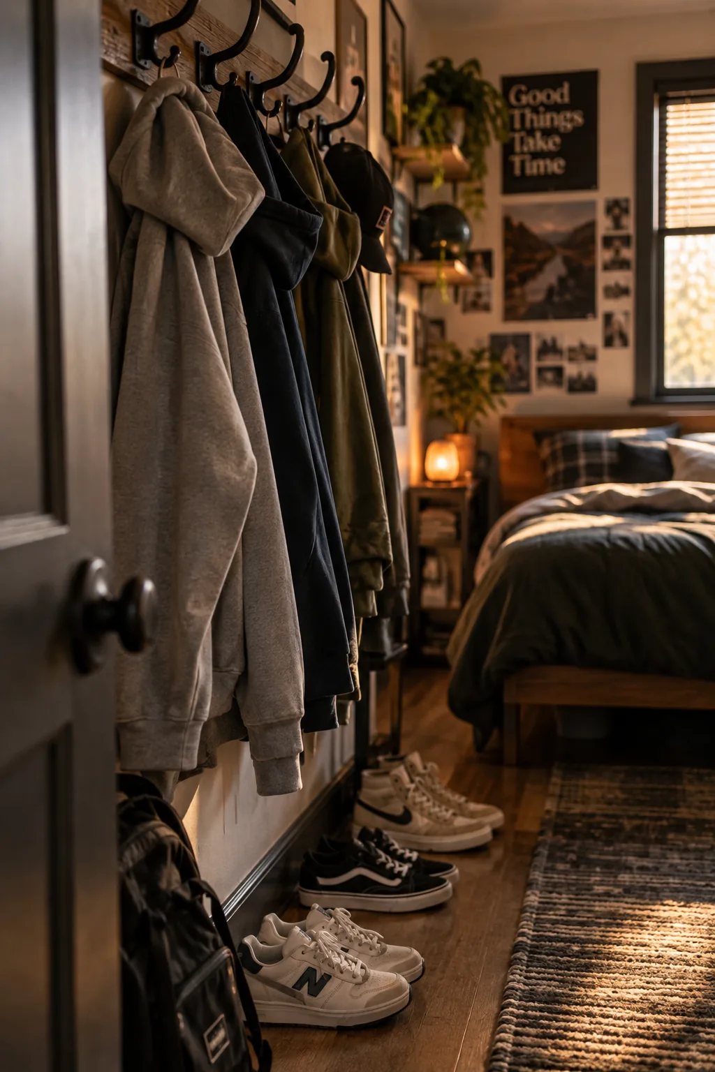 A row of matte black wall hooks holding several hoodies and a backpack behind a bedroom door.