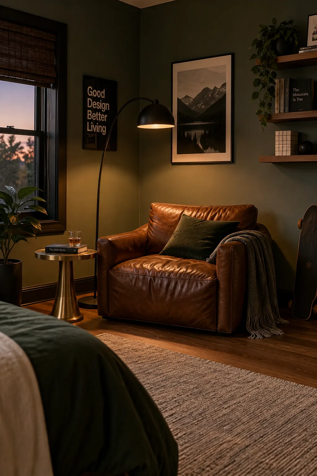 A brown leather lounge chair in the corner of a bedroom next to a modern floor lamp.