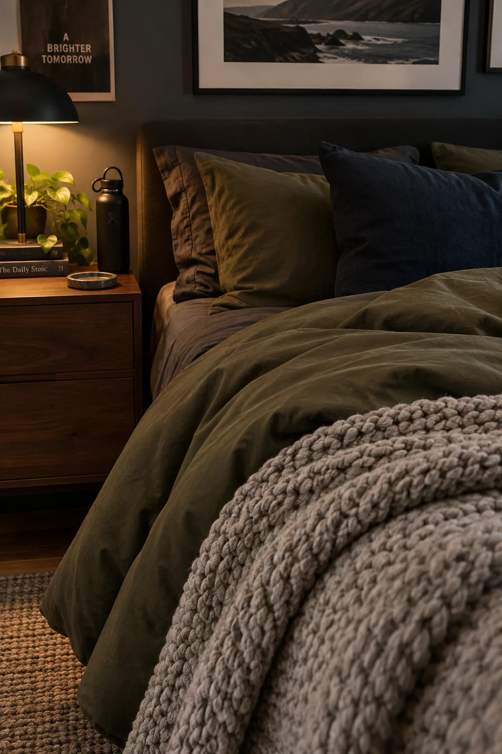 A bed styled with dark gray sheets and a chunky olive green knit throw blanket.