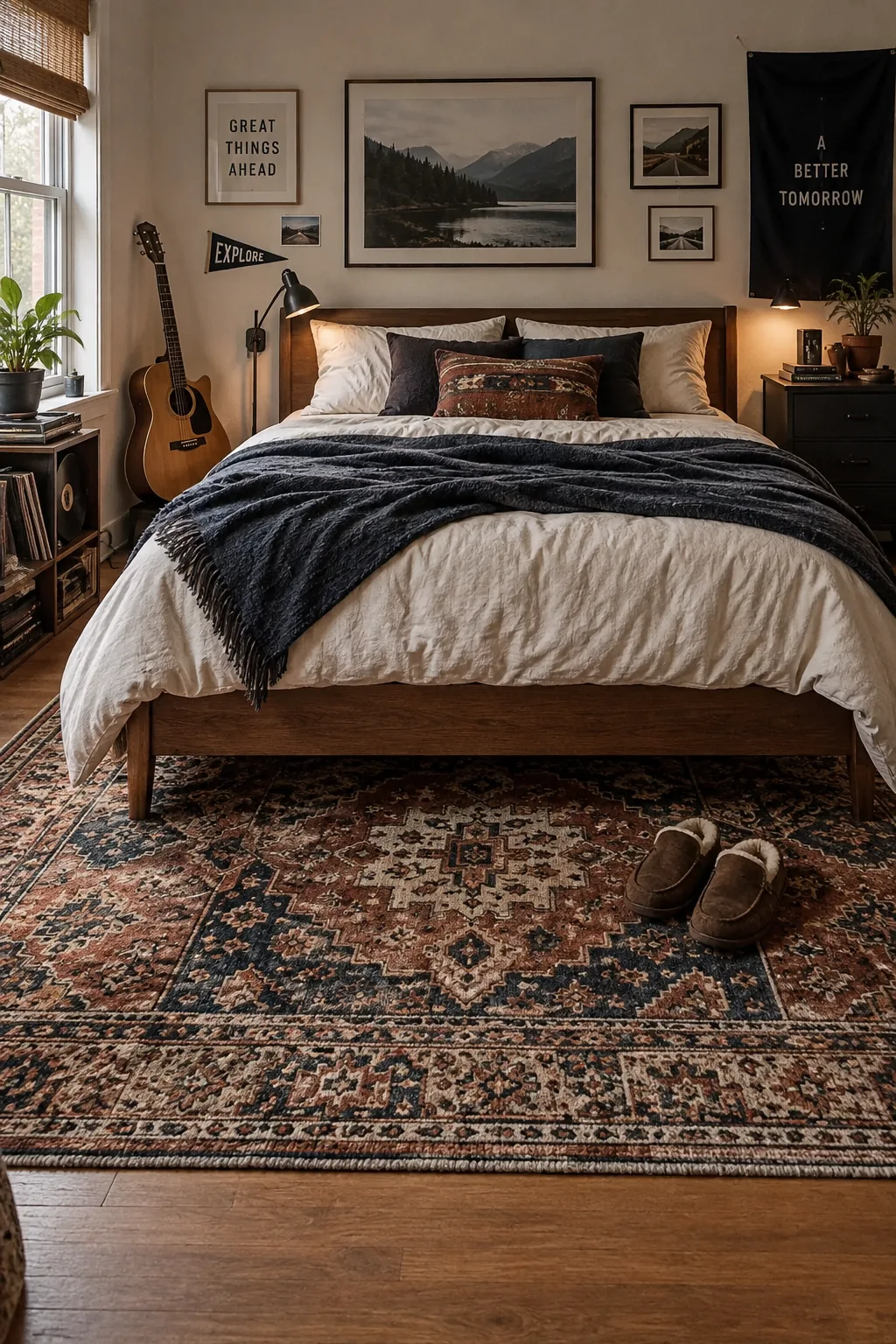 A faded geometric vintage rug placed under the bottom half of a modern bed.