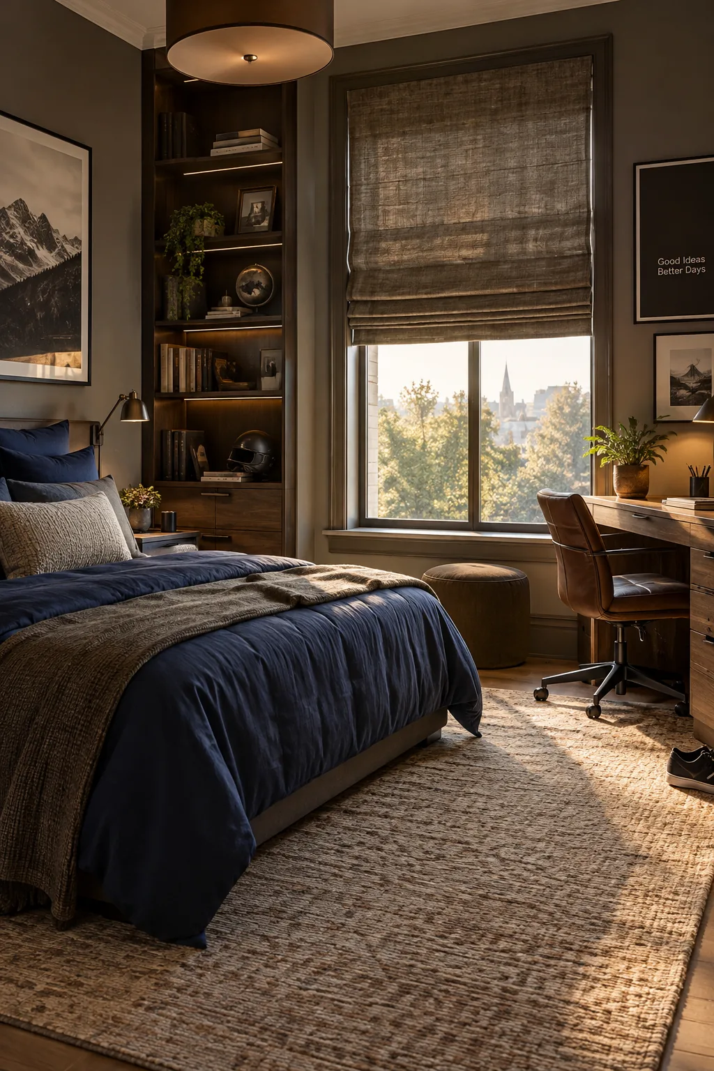 Dark gray velvet blackout curtains hanging over a bedroom window.
