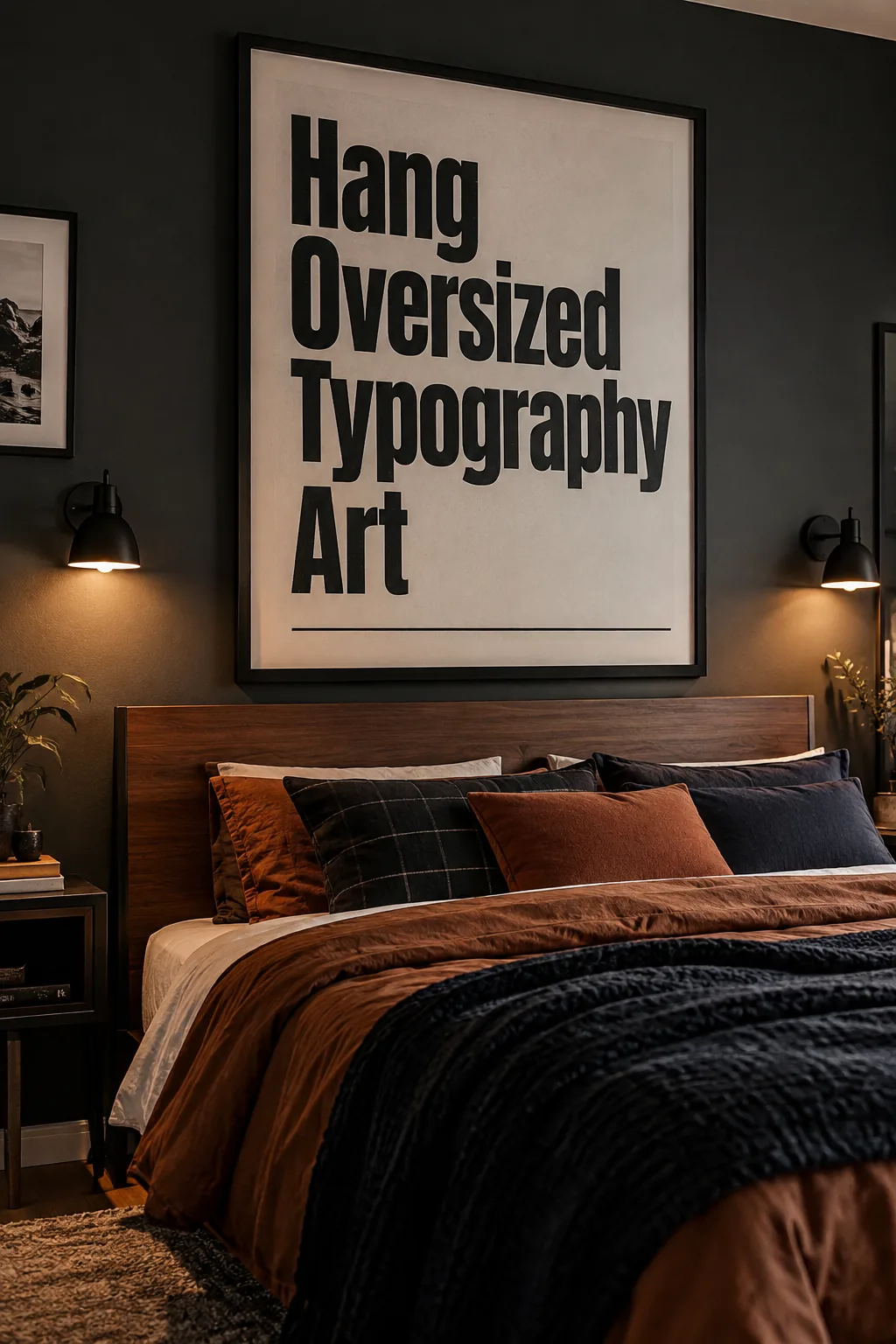 A large framed black-and-white map of a city hanging above a modern wooden dresser.