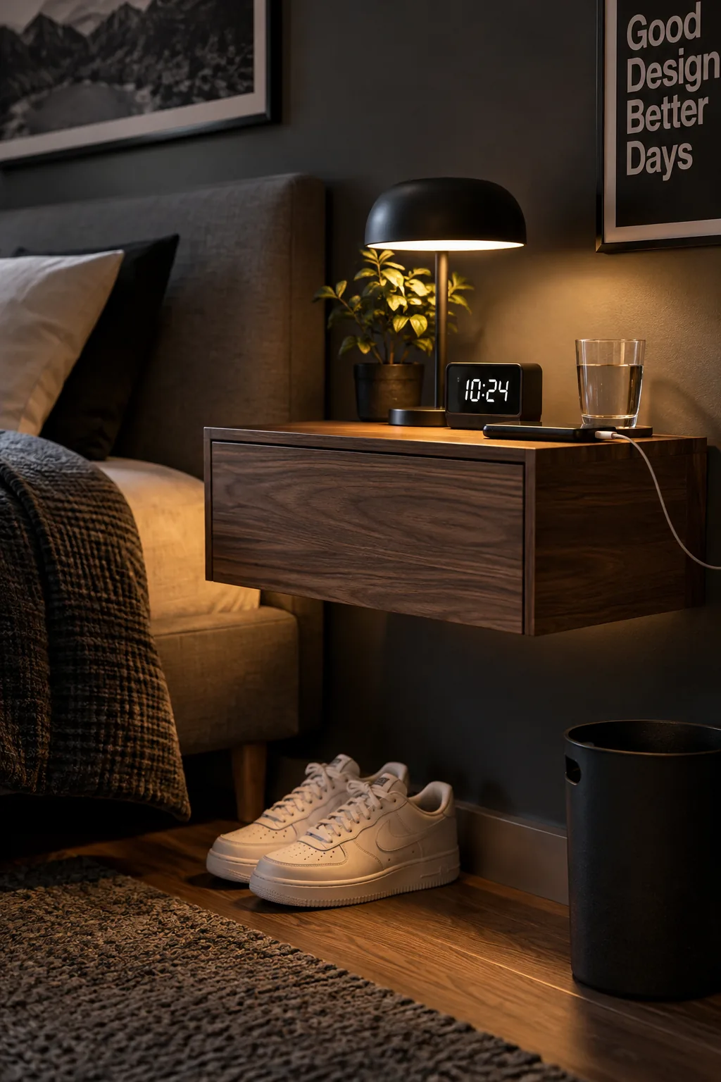 A minimalist wooden floating nightstand attached to the wall next to a bed.