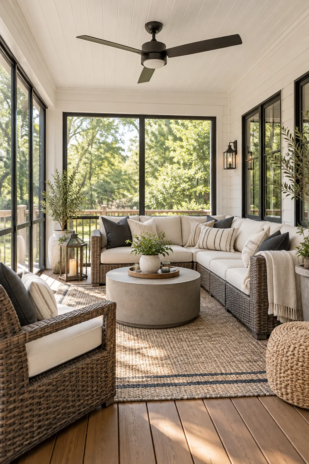 A modern farmhouse 3-season room with black window frames and white shiplap walls.