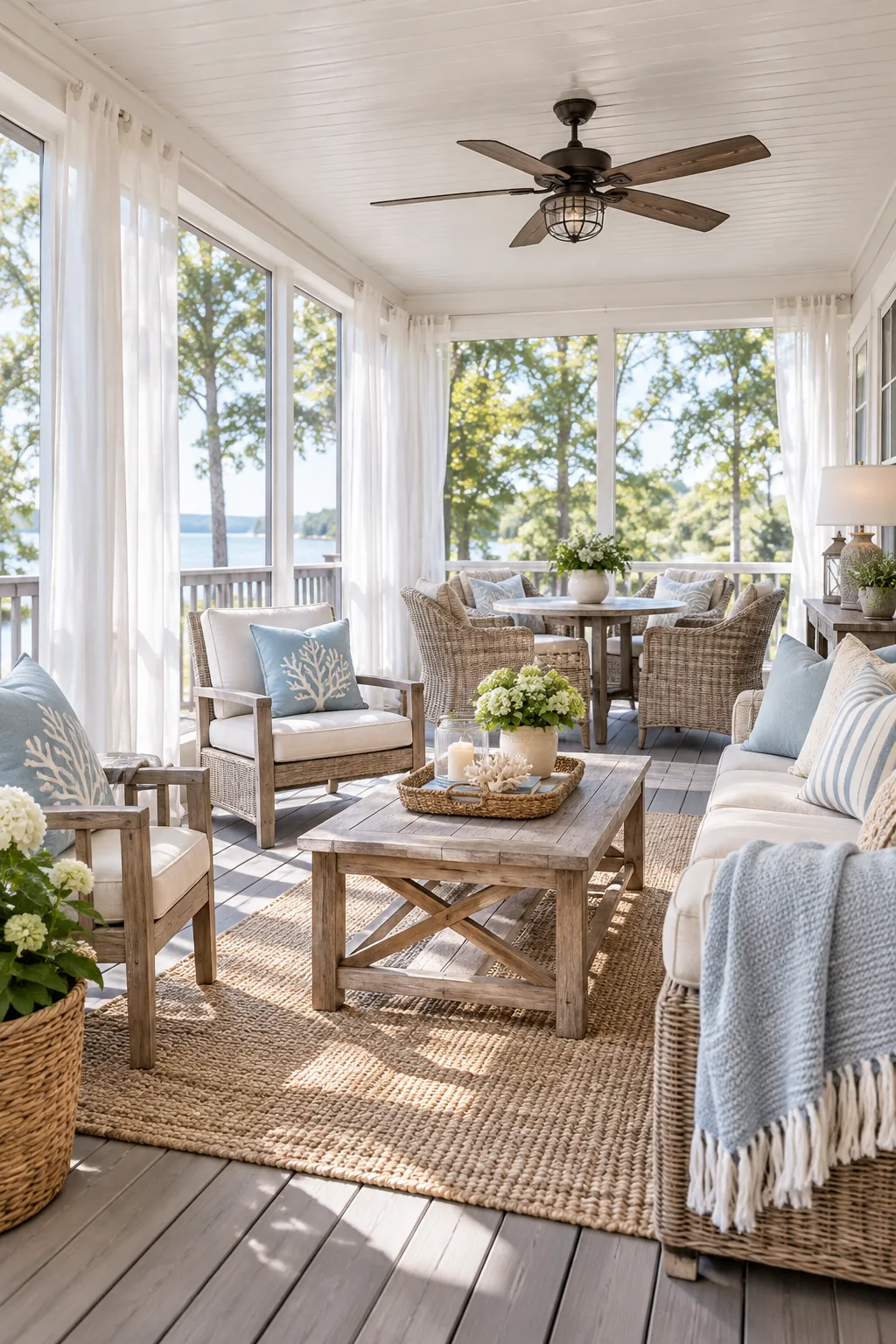 A coastal cottage 3-season room with white frames, light blue pillows, and driftwood furniture.