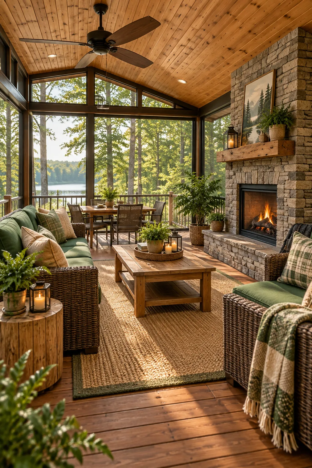 A rustic 3-season room featuring natural cedar walls, bronze window frames, and forest green cushions.