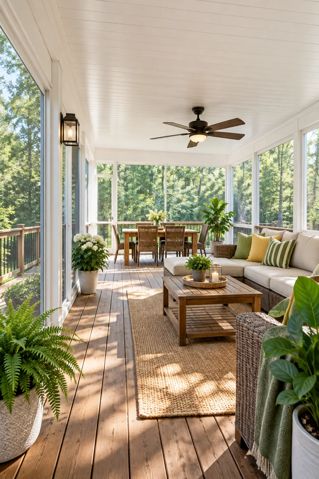 A wide view of a finished 3-season room with white framing and clear panels overlooking a lake.