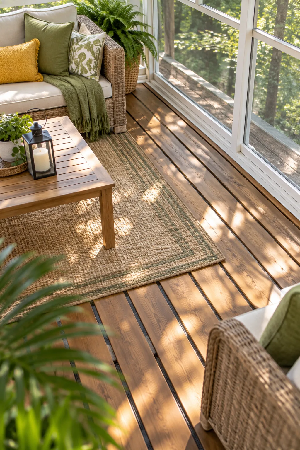 Close-up of wooden deck floorboards with a dark bug screen visible in the gaps between the planks.