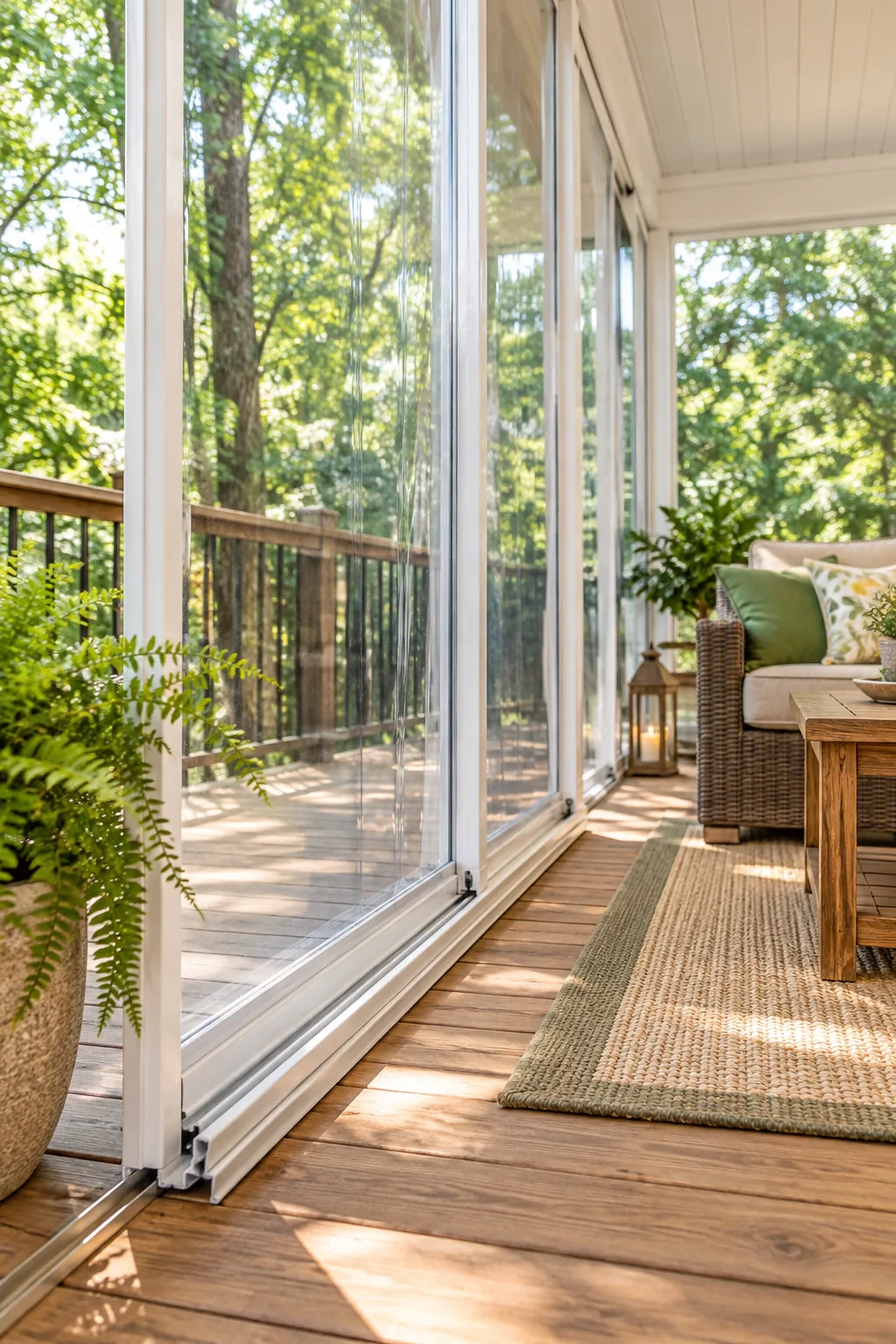 Clear flexible vinyl panels stacked at the bottom of a white window track system, revealing a mesh screen and trees outside.