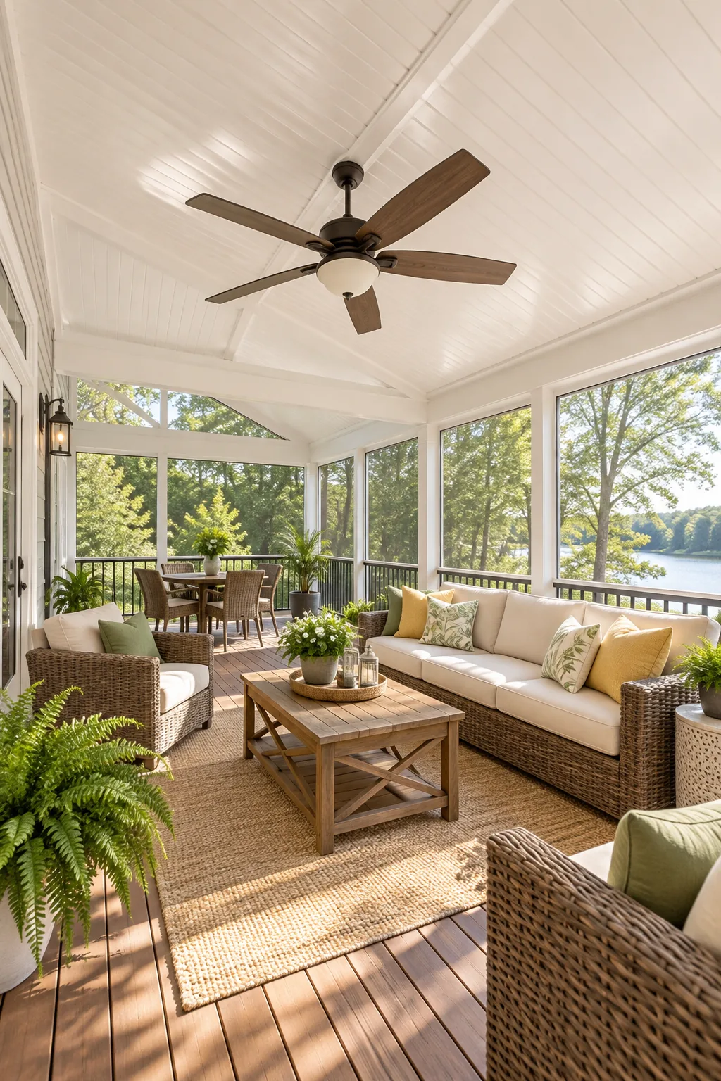 A white paneled ceiling in a sunroom featuring a dark bronze ceiling fan and solid roof construction.