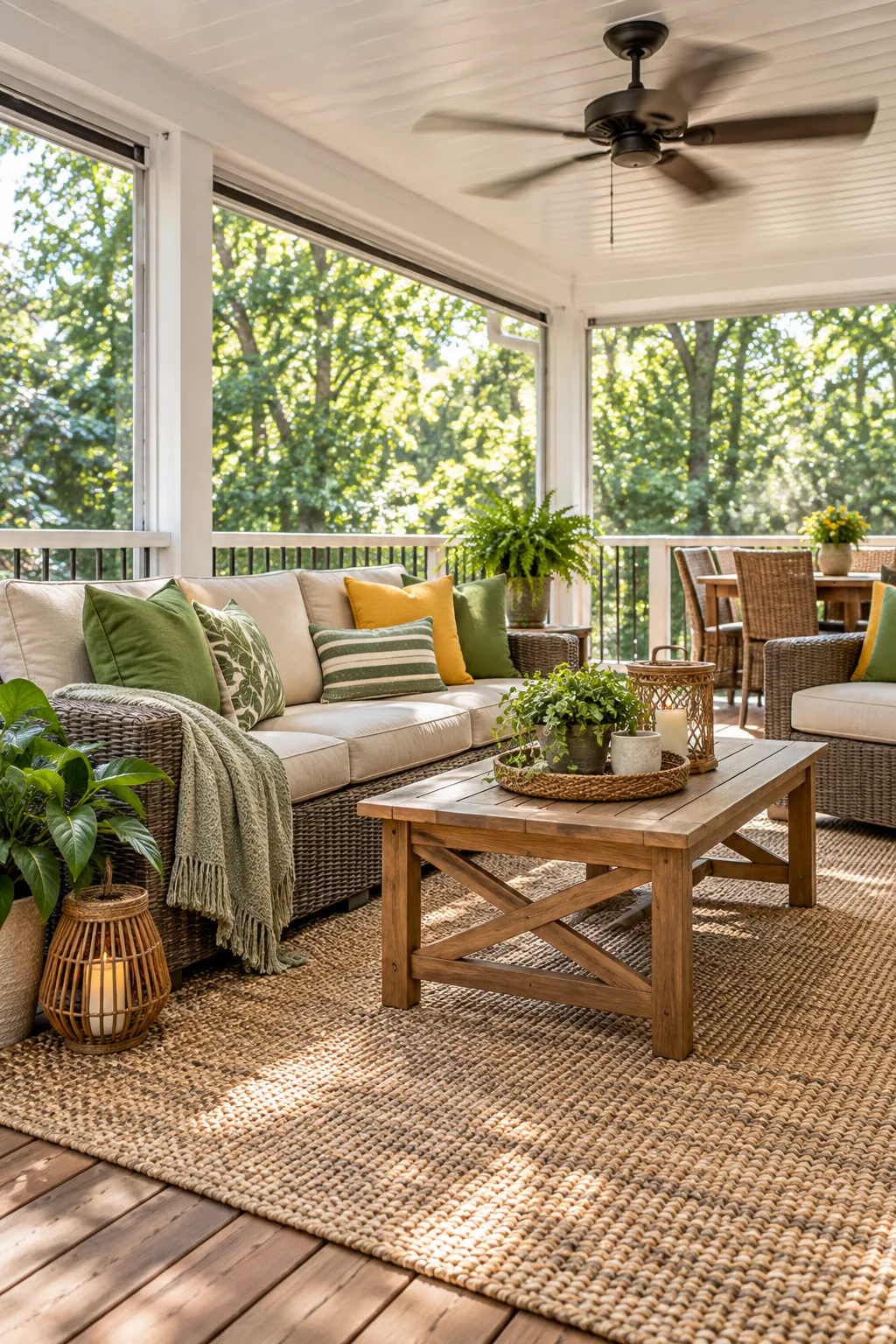 A textured outdoor rug placed under a wicker sofa with green and yellow pillows in a sunroom.