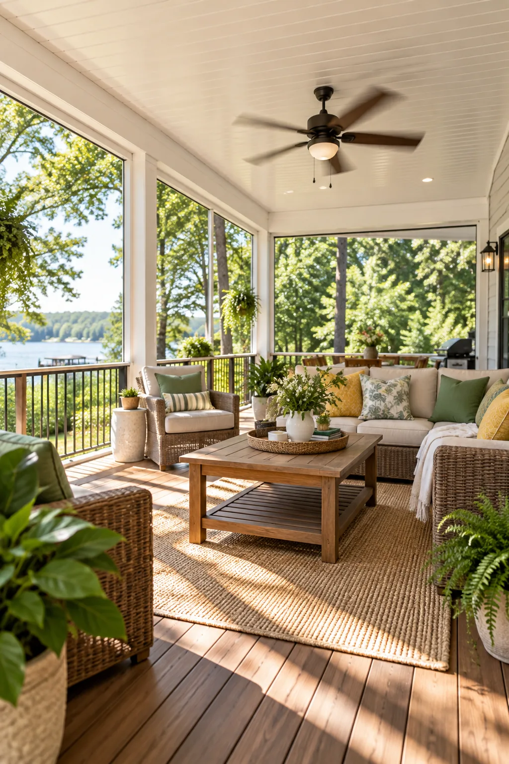 A breezy 3-season room with all window panels open, a spinning ceiling fan, and comfortable seating.