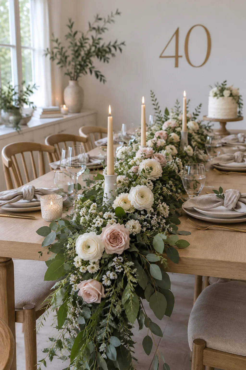 Long dining table set with a thick eucalyptus runner, dark roses, and tall brass taper candles.