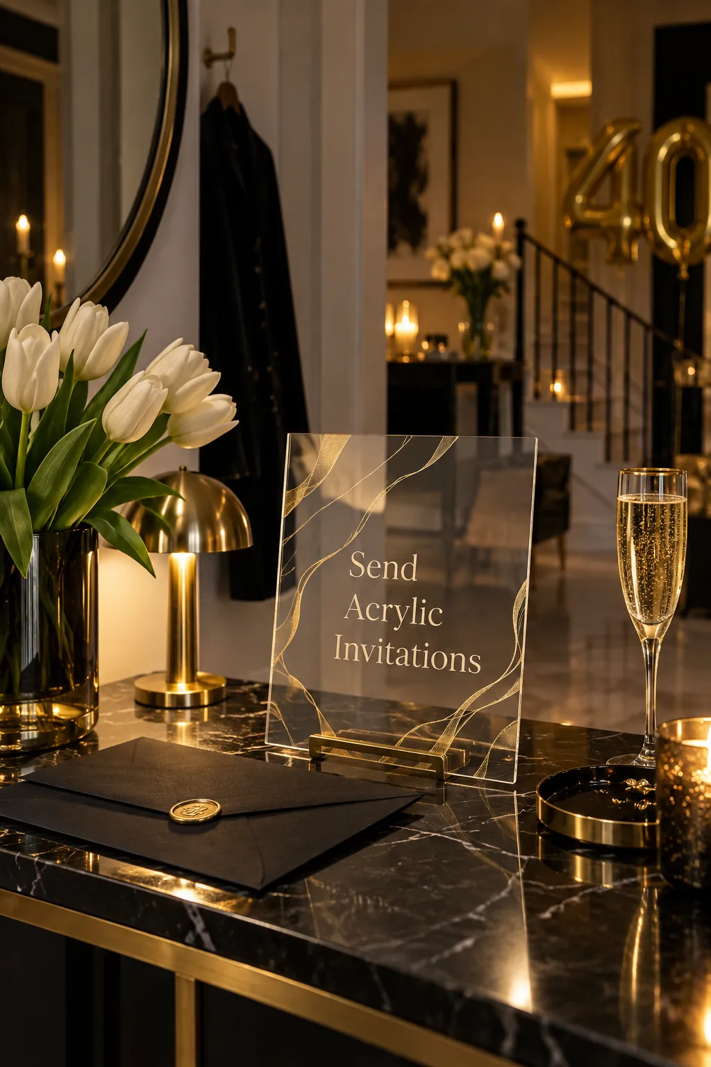 Clear acrylic invitation with white text resting on a matte black envelope.