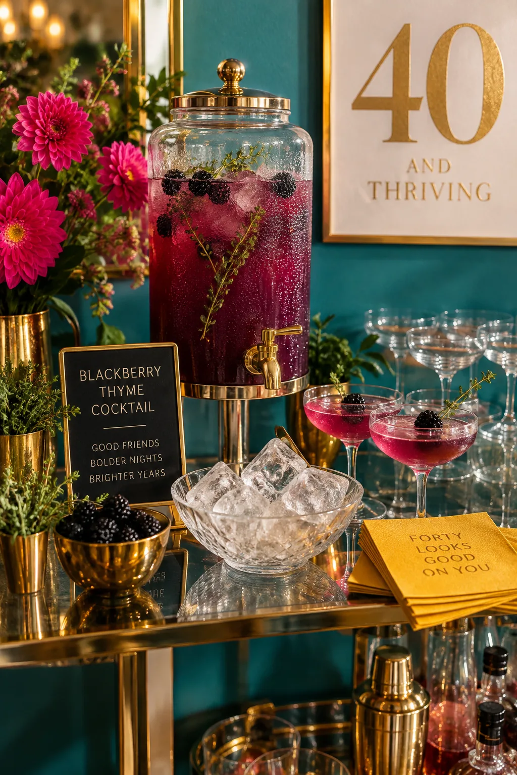 Glass drink dispenser filled with a dark berry cocktail next to a bowl of large ice cubes.