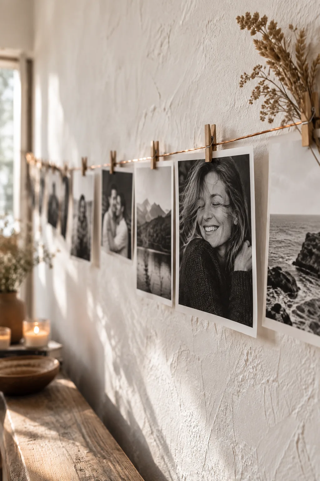 Black and white photos clipped to a copper wire strung across a blank wall.