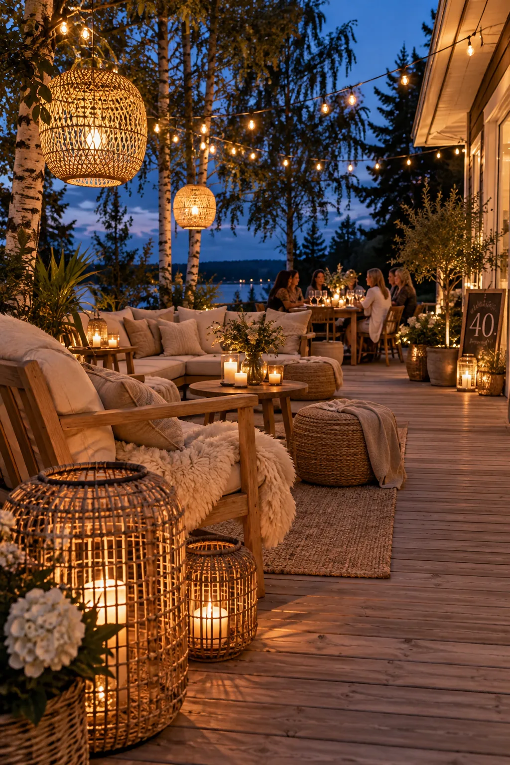 Backyard patio at night illuminated by overhead string lights and large floor lanterns.