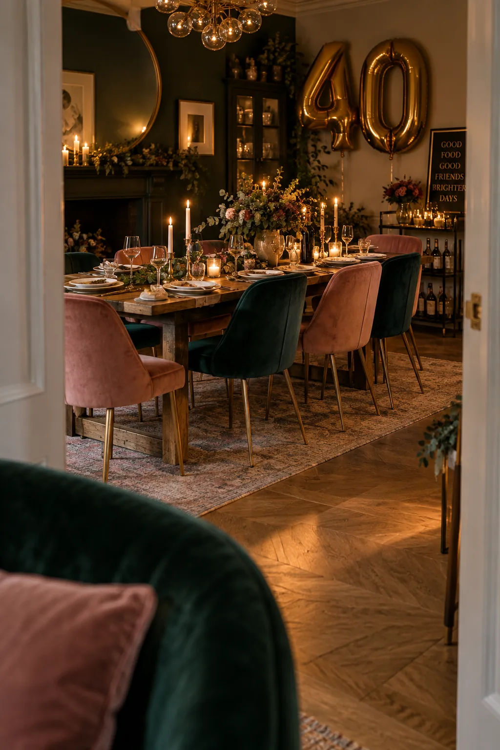 Dinner table surrounded by plush emerald green velvet dining chairs.