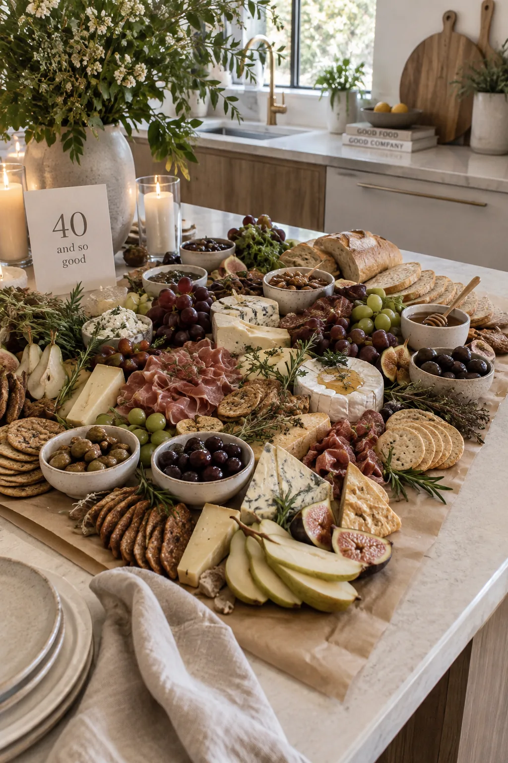 Kitchen island covered in kraft paper and overflowing with cheeses, meats, fruits, and crackers.