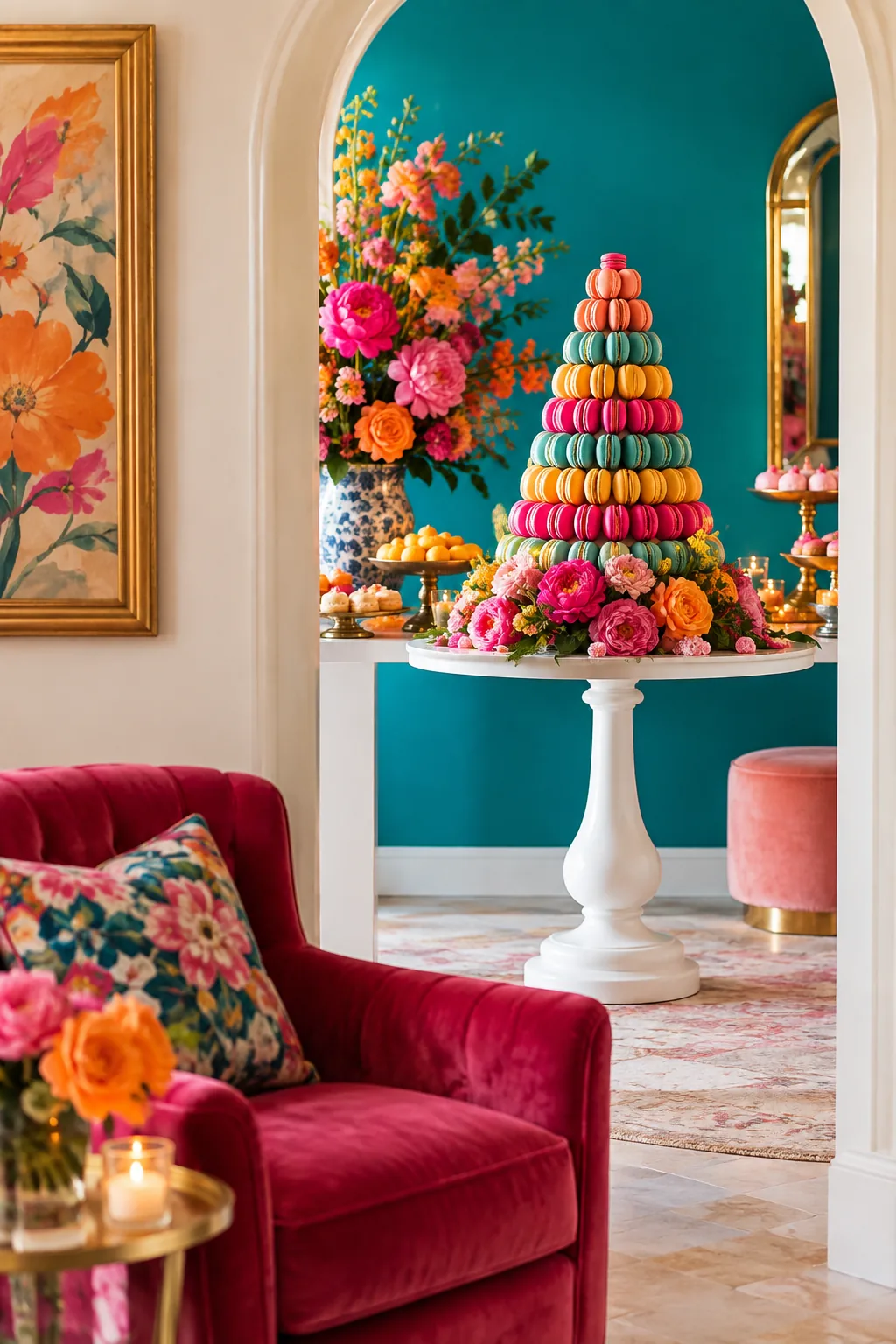 Tall cone-shaped tower made of pastel macarons on a white cake stand.