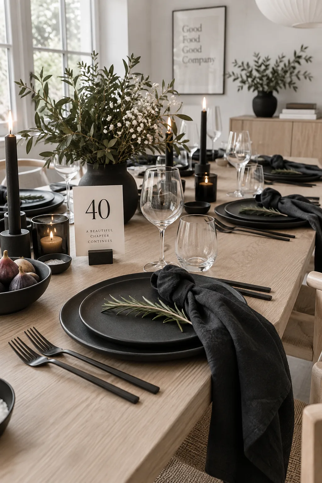 Modern table setting featuring matte black plates, black napkins, and black silverware on a dark table.