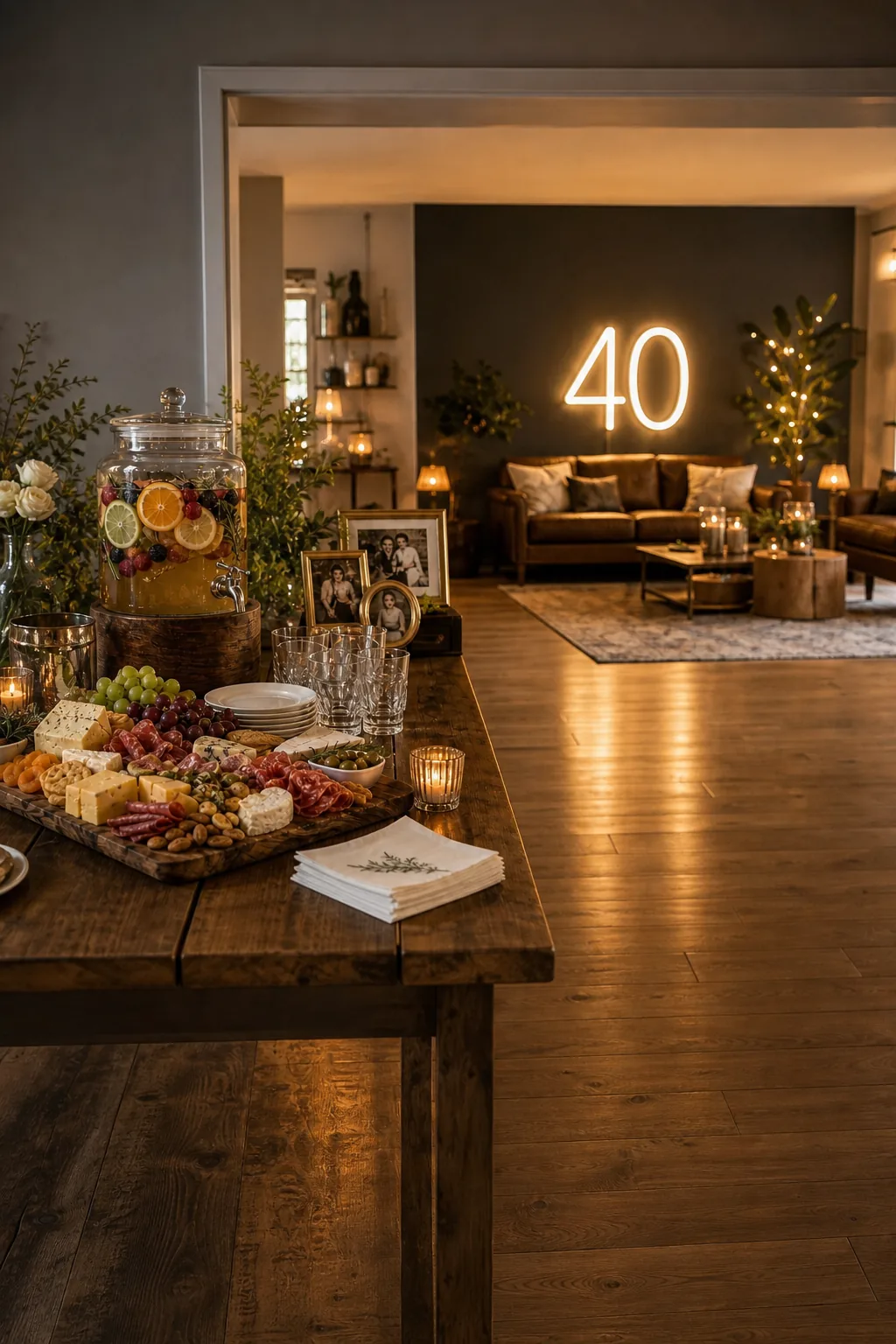 A wide, clear walkway on dark wood floors separating a food table from a comfortable lounge area.