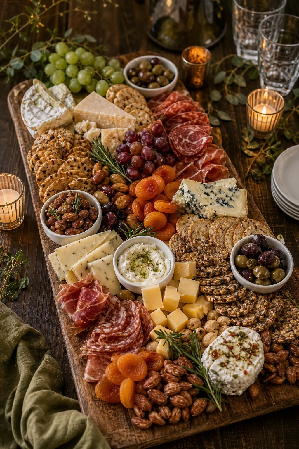 A close-up of a lavish grazing board filled with meats, cheeses, and fruits on a wooden plank.