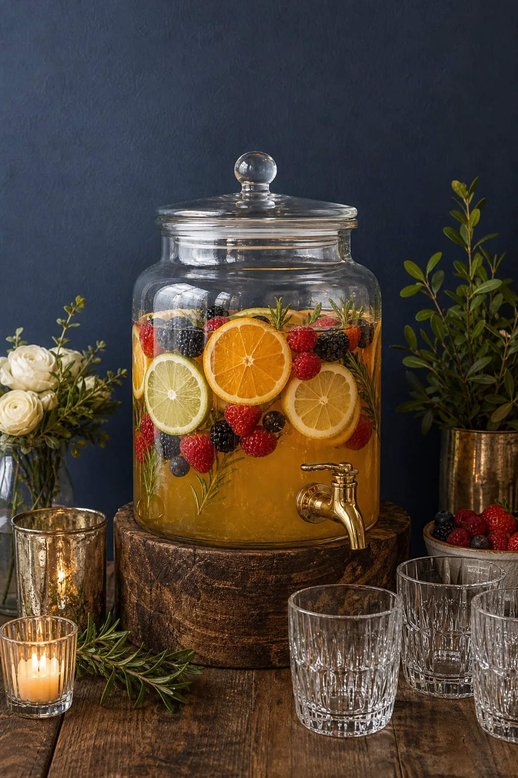 An elegant glass drink dispenser filled with a colorful fruit cocktail against a dark wall.