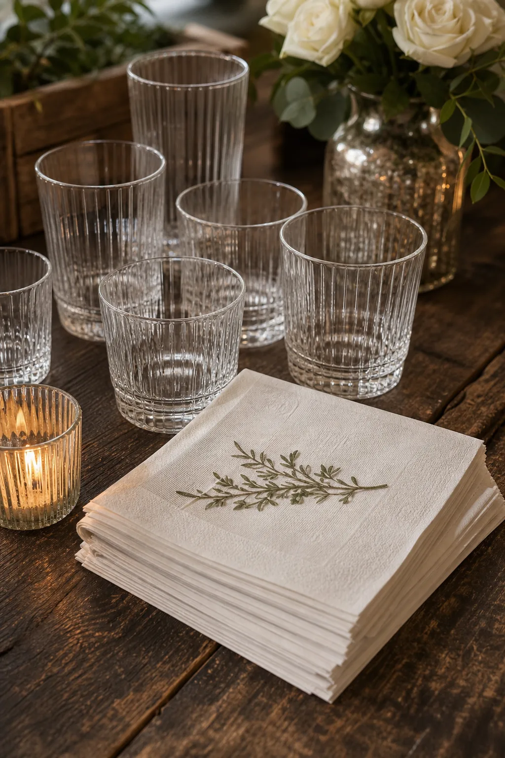 A neat stack of elegant paper napkins next to minimalist ribbed glasses on a wooden table.