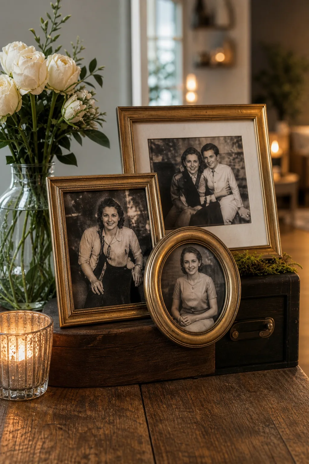 Three vintage brass frames holding black-and-white photos arranged next to a small flower vase.