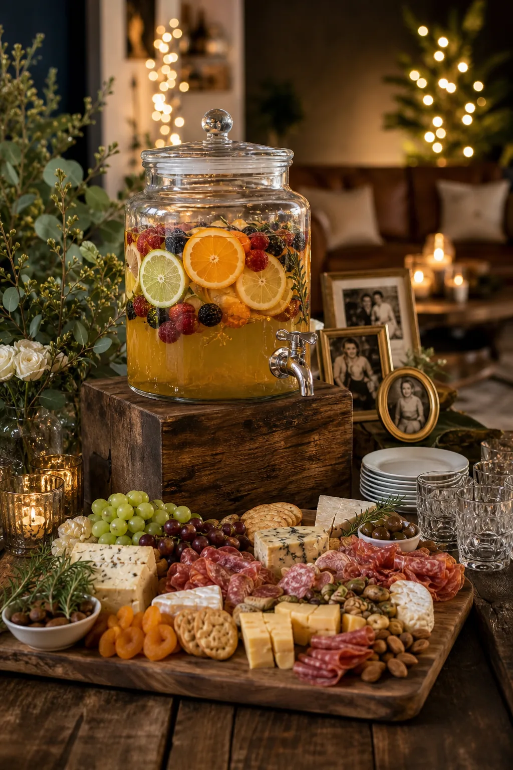 A thick wooden block elevating a drink dispenser above a flat grazing board.