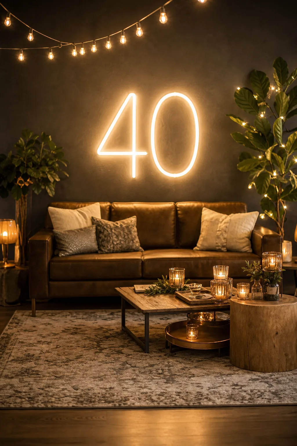 A glowing white neon 40 sign mounted on a dark wall above a leather sofa.