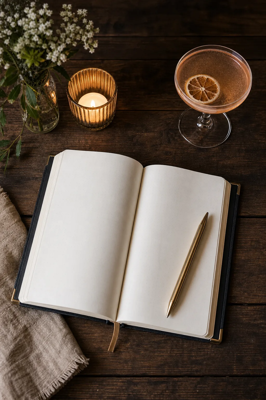 An open planner and pen resting on a wooden table next to a cocktail glass.