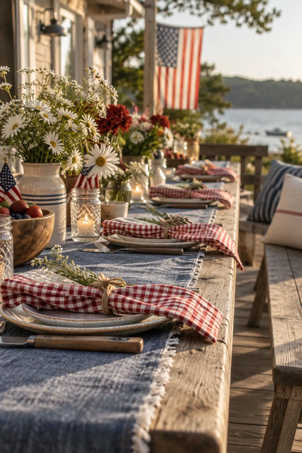 Outdoor wooden table set with a faded denim runner and red gingham napkins.