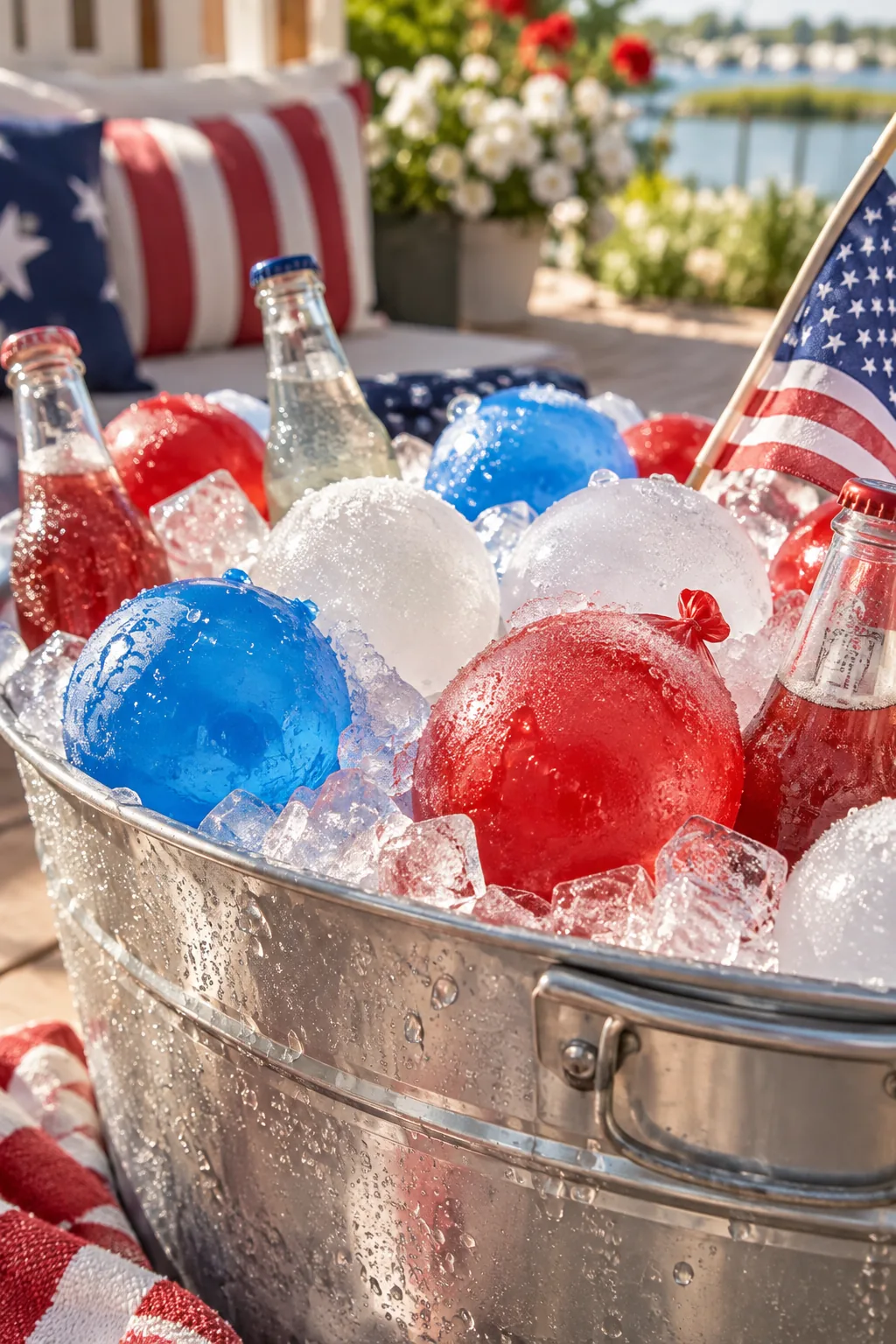 Galvanized metal tub filled with ice, drinks, and red, white, and blue frozen water balloons.