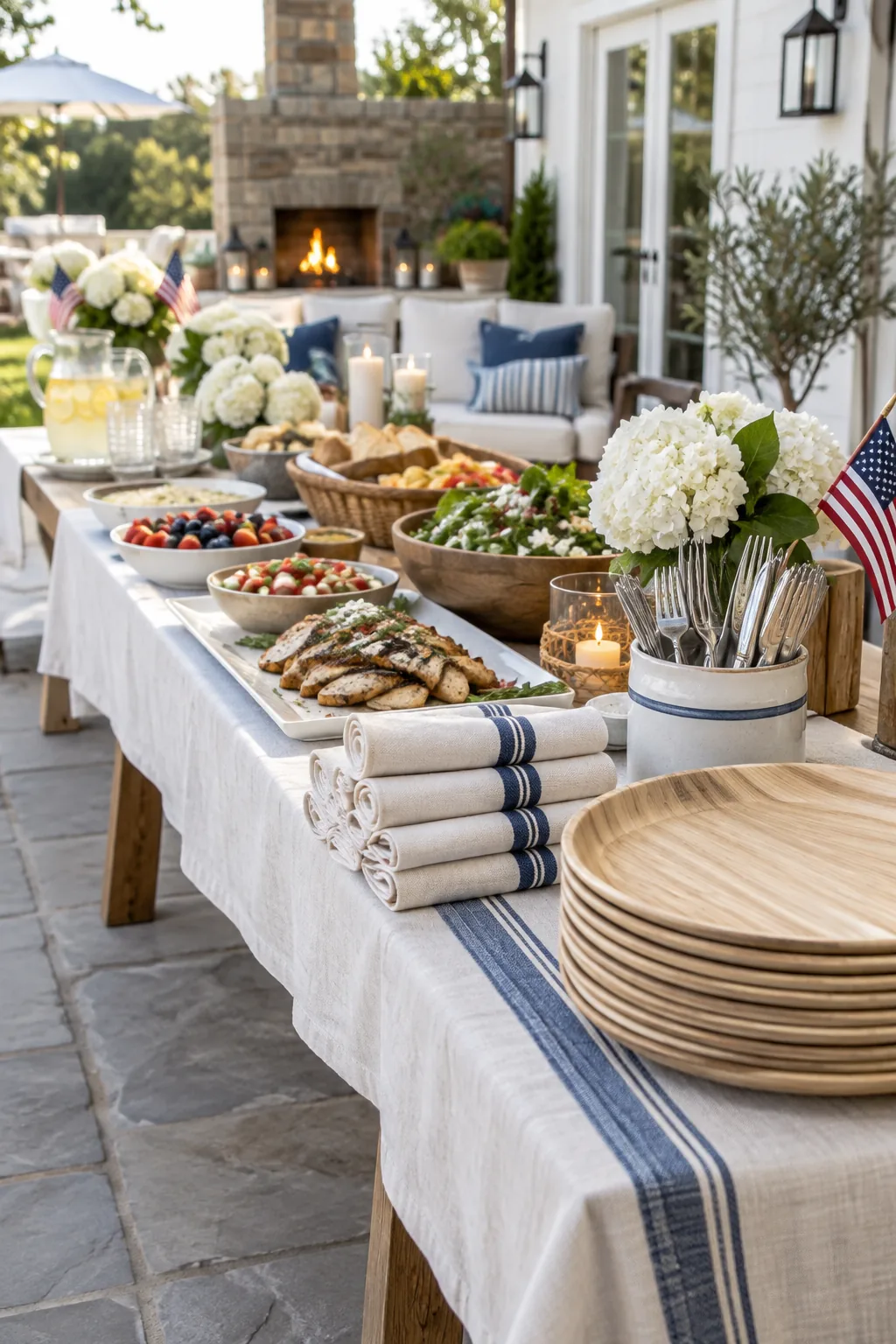 Stack of neutral bamboo plates on a wooden buffet table next to rolled silverware.