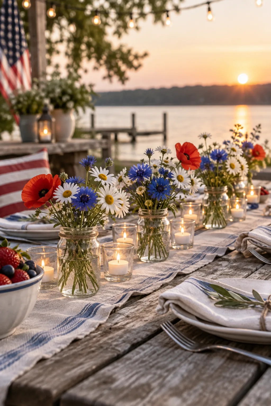 Long wooden table decorated with multiple small mason jars filled with white and red flowers.