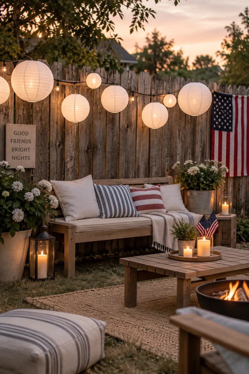 White paper lanterns in various sizes hanging from tree branches over a patio.