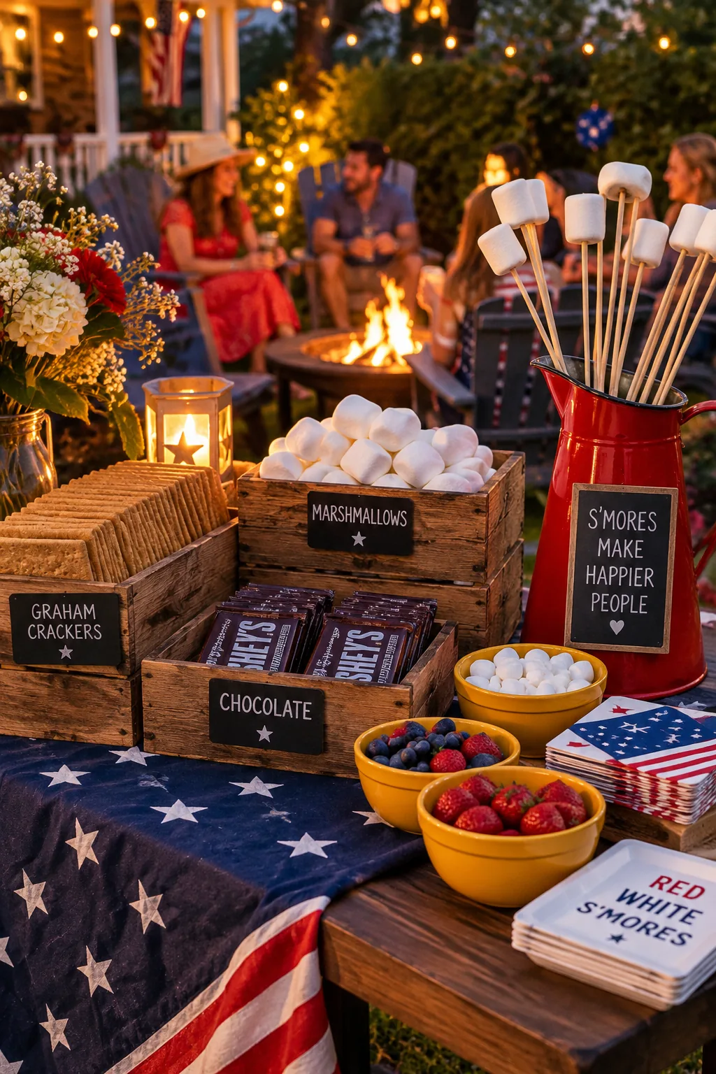 Wooden crates holding marshmallows, chocolate, and graham crackers on a small outdoor table.