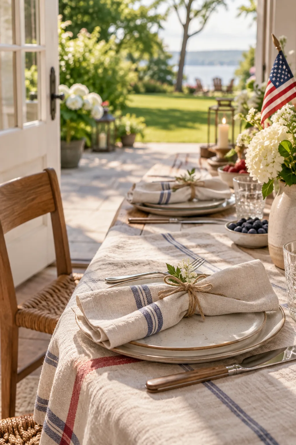 Blue cloth napkin tied with rustic twine resting on a white plate.