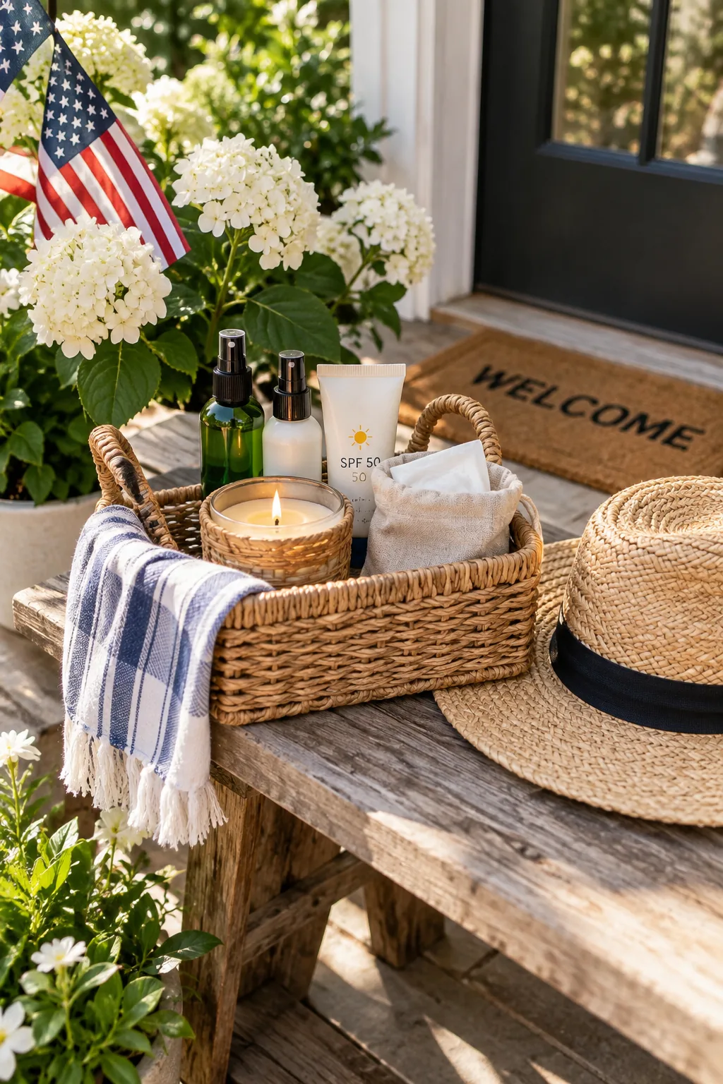 Woven basket containing bug spray, wipes, and citronella sticks on a porch table.