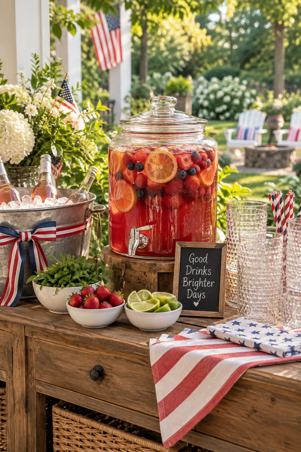 Large glass drink dispenser filled with a red cocktail and fruit slices next to an ice bucket.