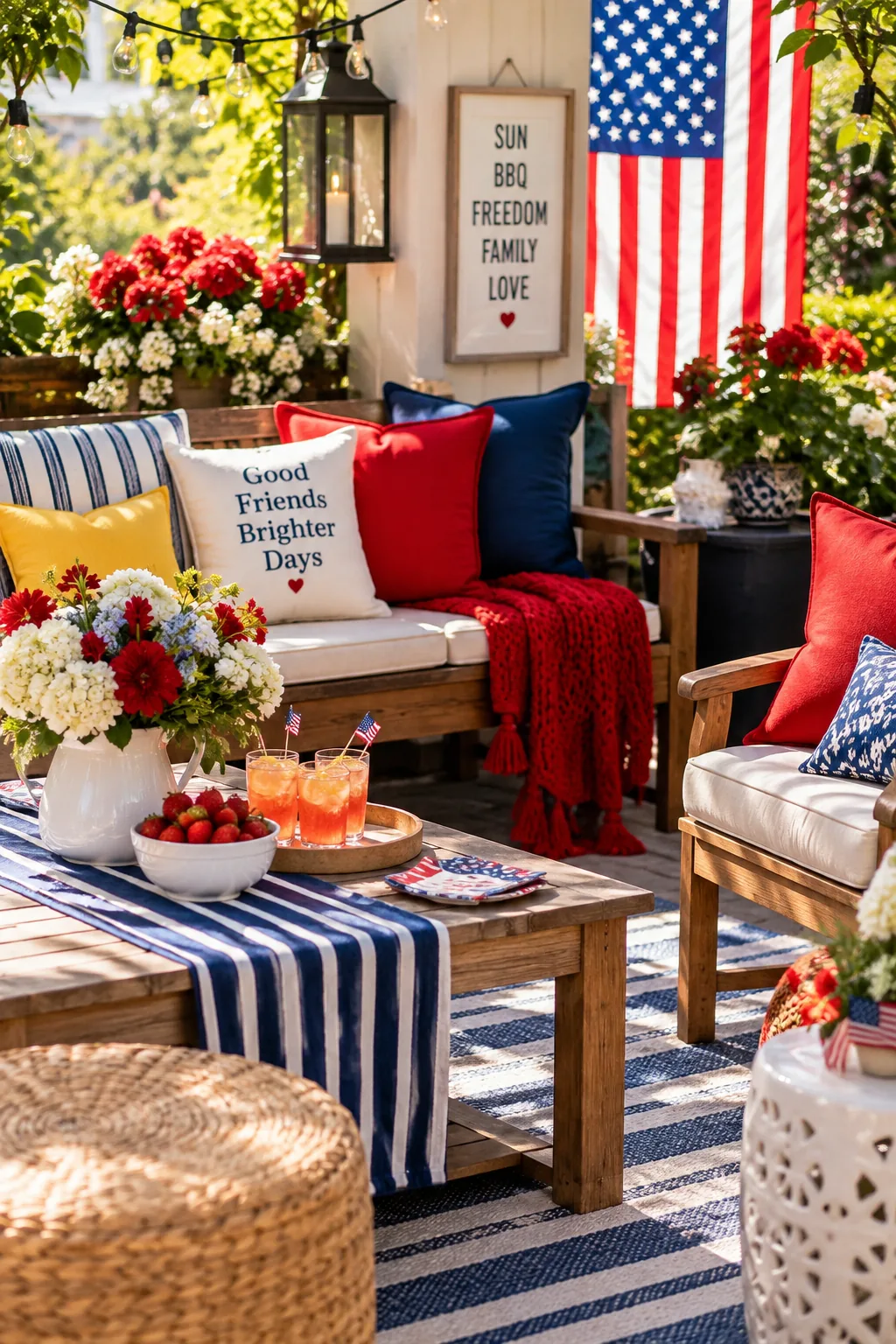 Wooden outdoor bench styled with neutral textured throw pillows and a striped cushion.