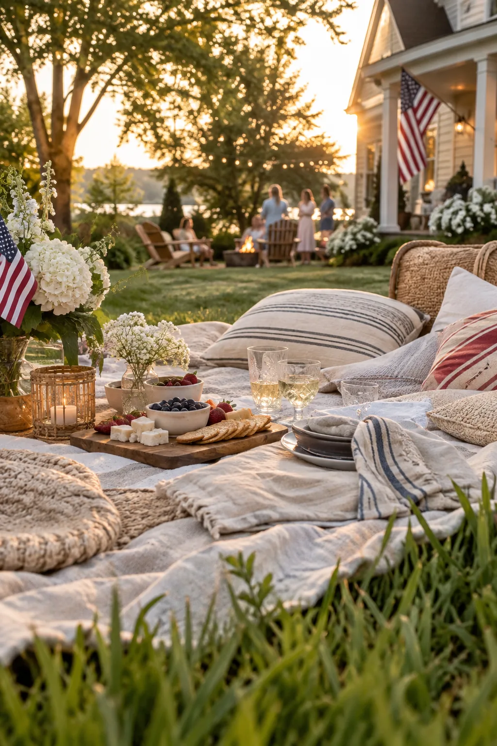 Heavy canvas drop cloth spread on the grass with a patterned rug layered on top.