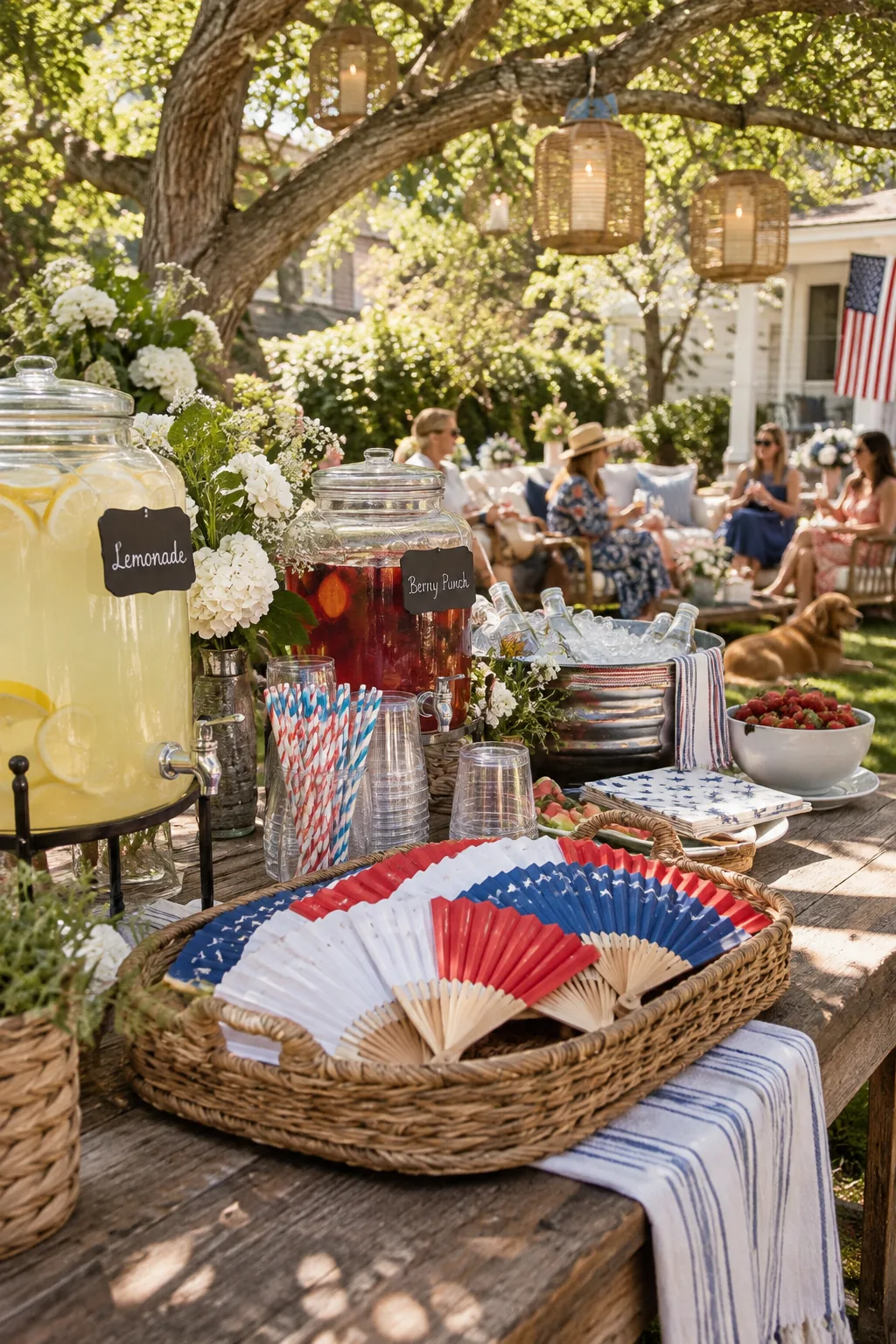 Woven tray filled with wooden-handled white paper fans on an outdoor table.
